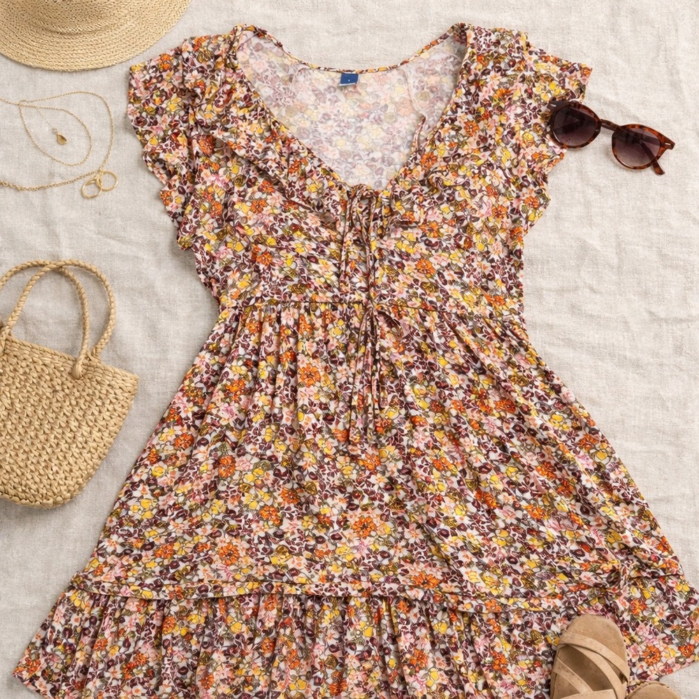Old Navy Boho Cottagecore Floral Knee Length Tiered Dress Flutter Sleeve L